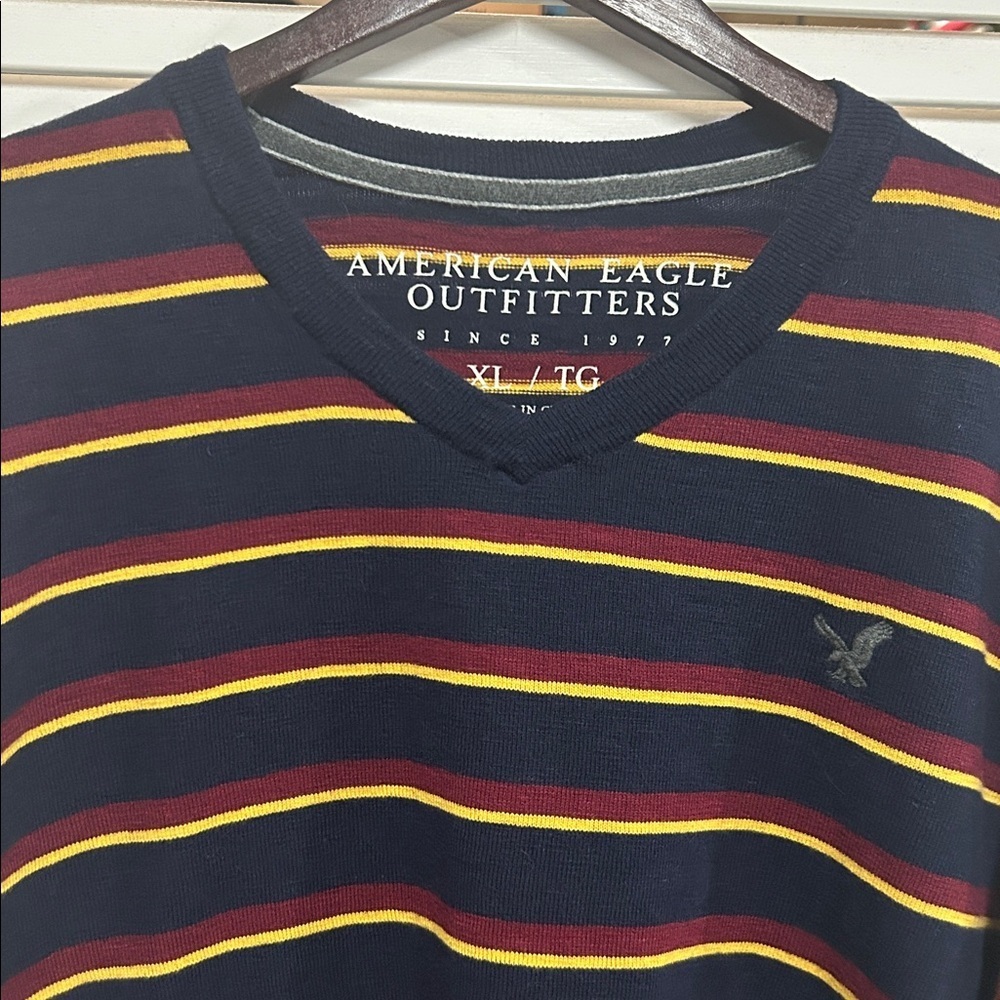 American Eagle Outfitters Men's V Neck Sweater - Navy,Burgundy,Yellow Stripes